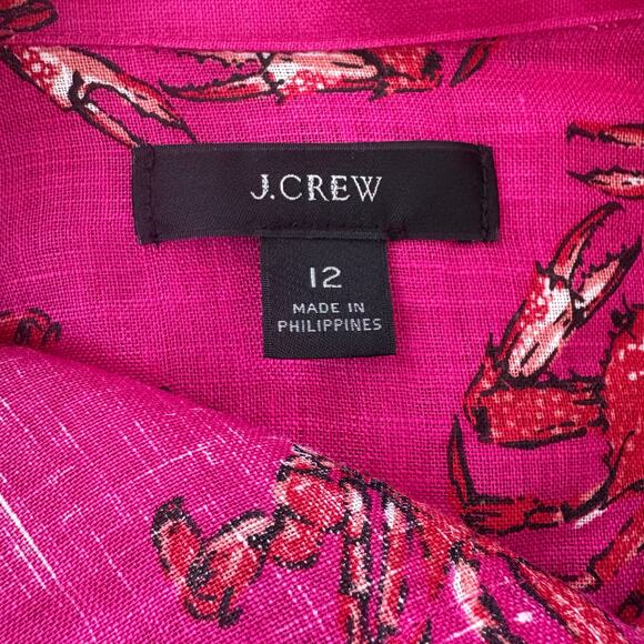 J. Crew Shirt Sz 12 100% Linen Pink Button Down Ling Sleeve Crab Print Coastal - Picture 5 of 9